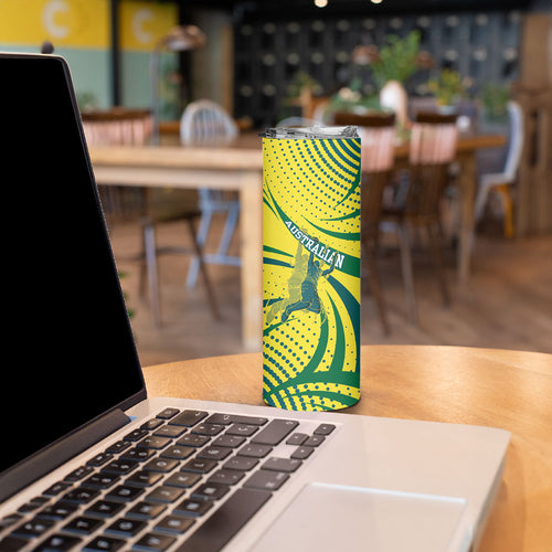 Australian Boomers Basketball Skinny Tumbler Abstract Wave Halftone Pattern With Dynamic Athlete Silhouette