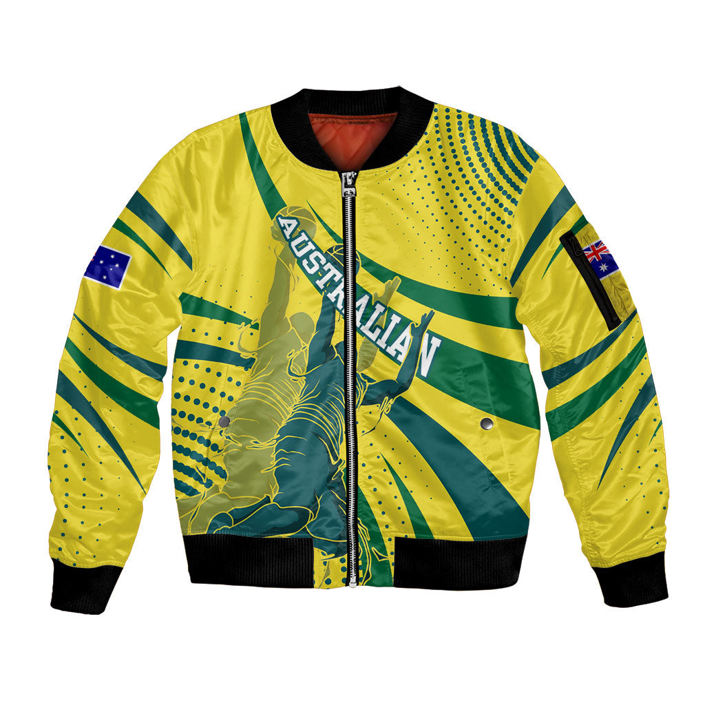 Australian Boomers Basketball Sleeve Zip Bomber Jacket Abstract Wave Halftone Pattern With Dynamic Athlete Silhouette