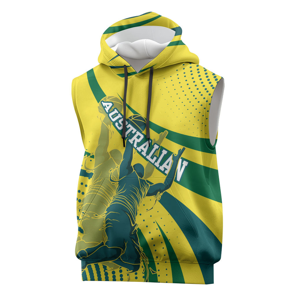 Australian Boomers Basketball Sleeveless Hoodie Abstract Wave Halftone Pattern With Dynamic Athlete Silhouette