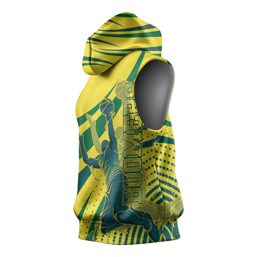 Australian Boomers Basketball Sleeveless Hoodie Abstract Wave Halftone Pattern With Dynamic Athlete Silhouette