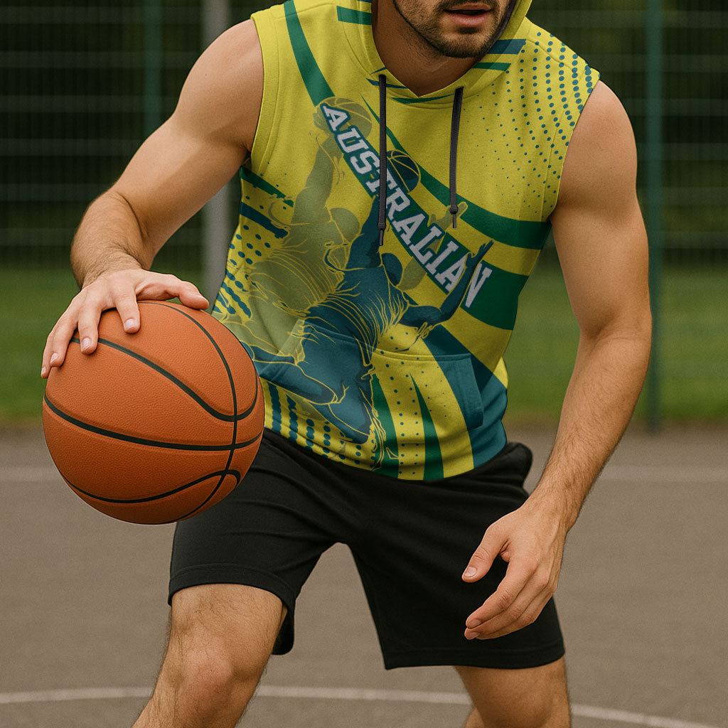 Australian Boomers Basketball Sleeveless Hoodie Abstract Wave Halftone Pattern With Dynamic Athlete Silhouette