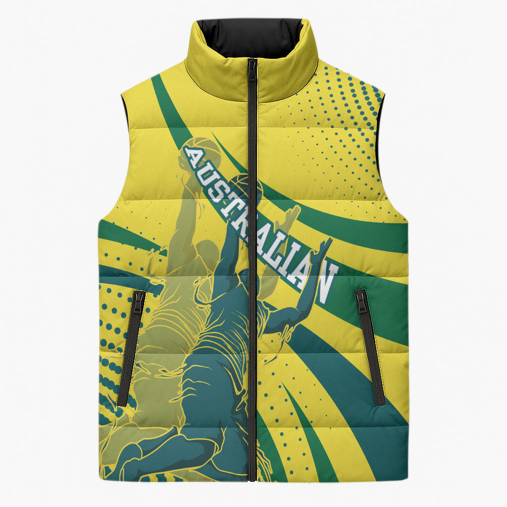 Australian Boomers Basketball Sleeveless Puffer Jacket Abstract Wave Halftone Pattern With Dynamic Athlete Silhouette