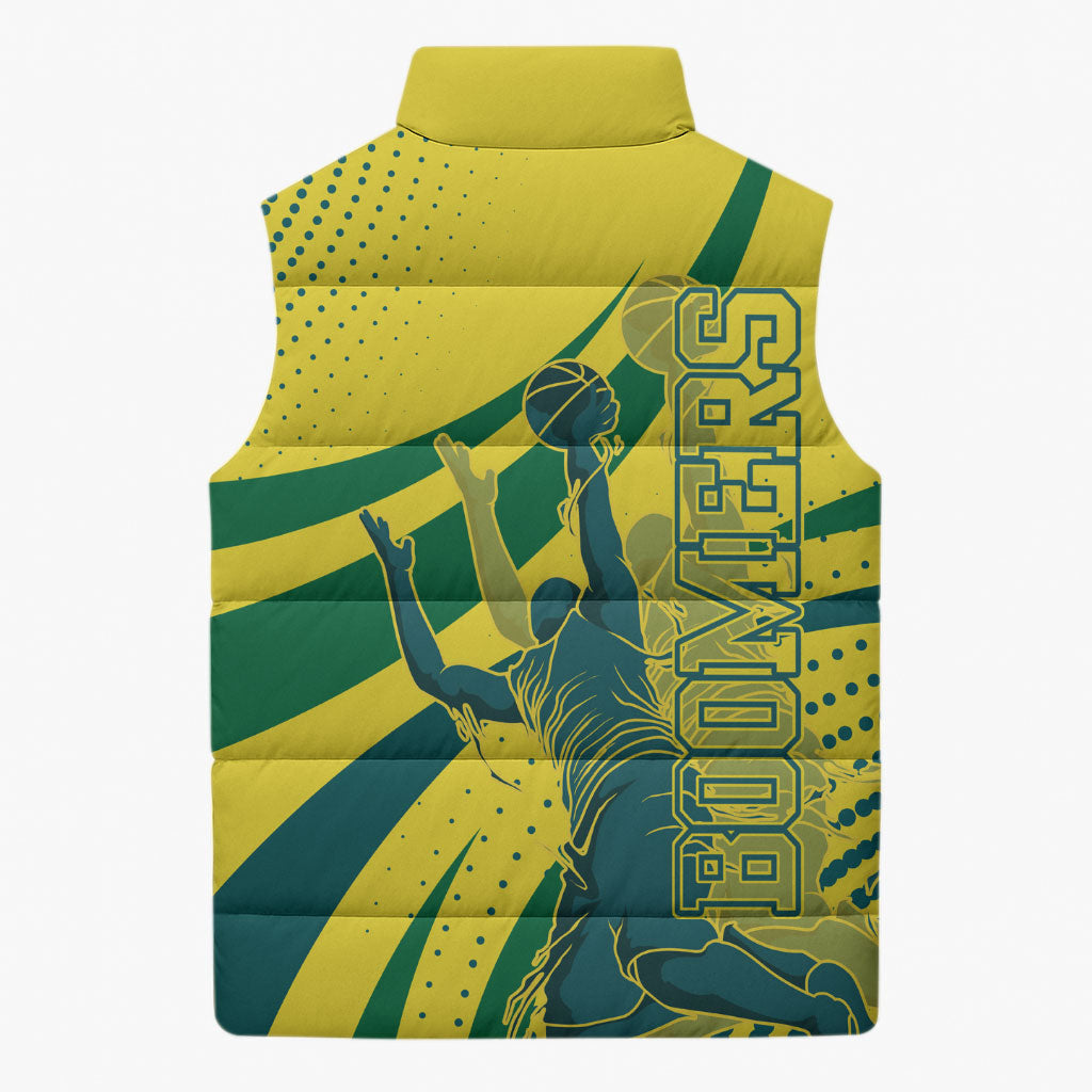 Australian Boomers Basketball Sleeveless Puffer Jacket Abstract Wave Halftone Pattern With Dynamic Athlete Silhouette