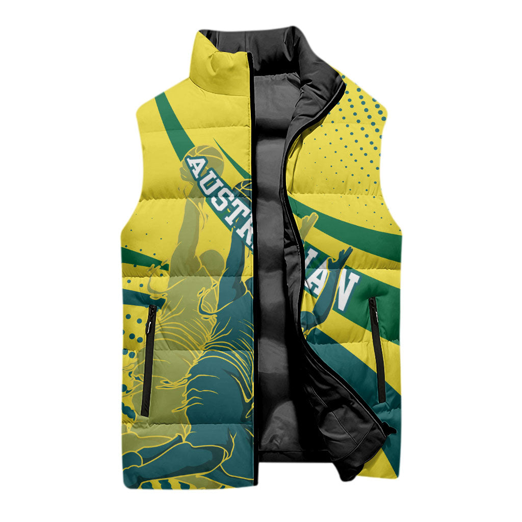 Australian Boomers Basketball Sleeveless Puffer Jacket Abstract Wave Halftone Pattern With Dynamic Athlete Silhouette