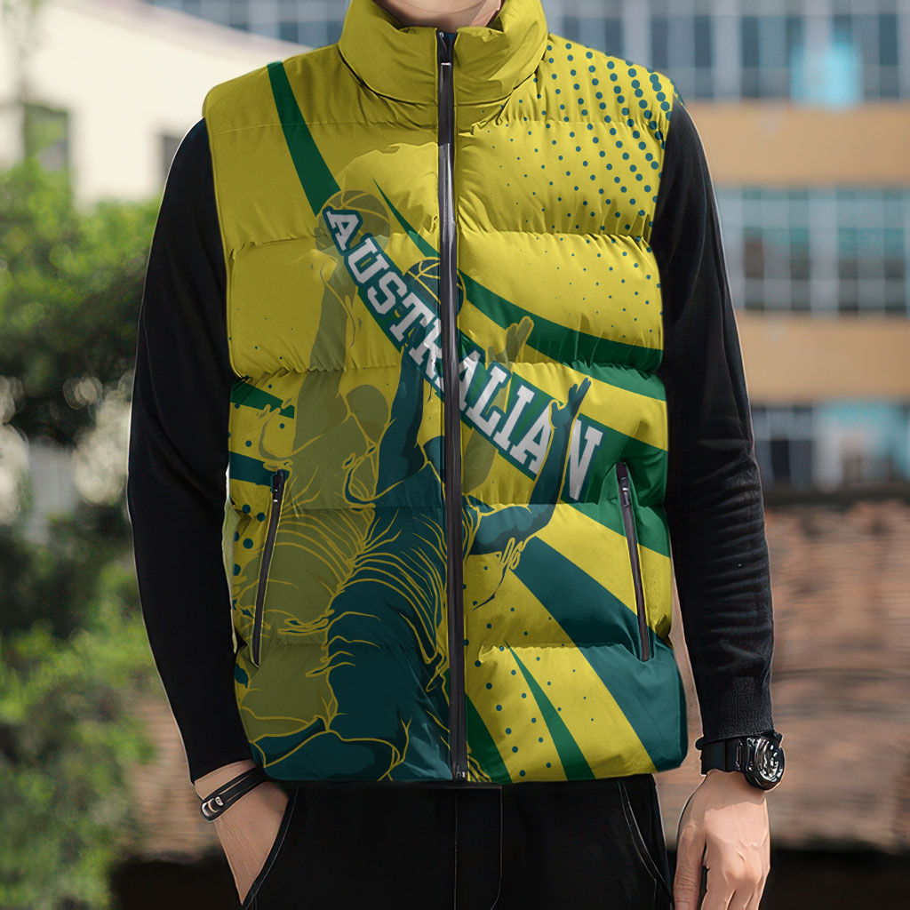 Australian Boomers Basketball Sleeveless Puffer Jacket Abstract Wave Halftone Pattern With Dynamic Athlete Silhouette