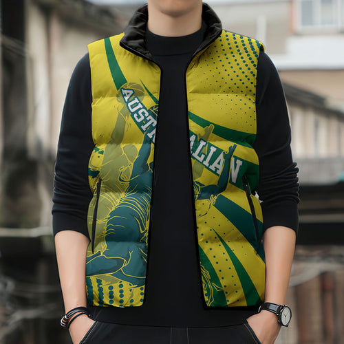 Australian Boomers Basketball Sleeveless Puffer Jacket Abstract Wave Halftone Pattern With Dynamic Athlete Silhouette
