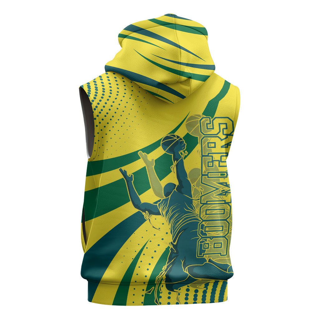 Australian Boomers Basketball Sleeveless Zip Hoodie Abstract Wave Halftone Pattern With Dynamic Athlete Silhouette