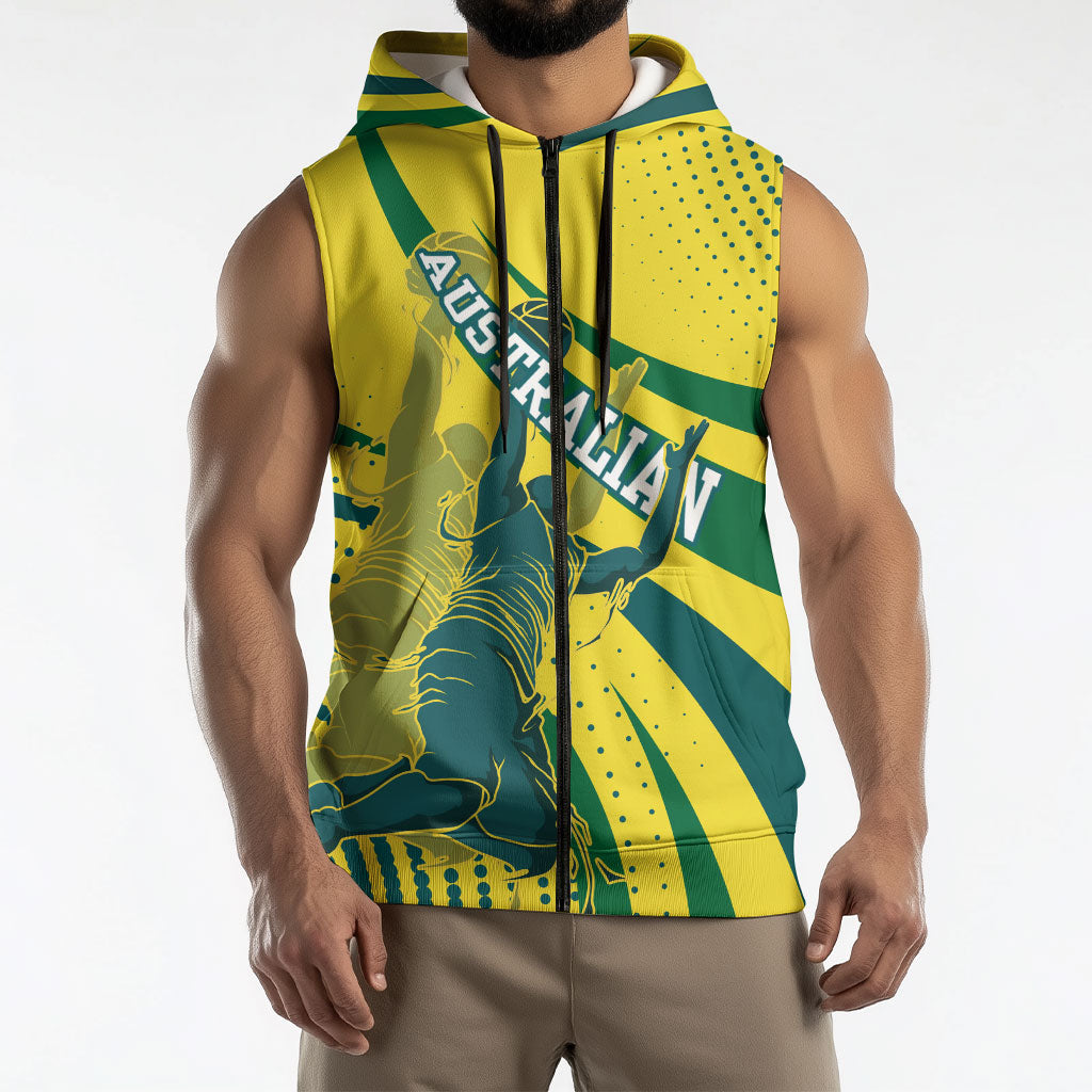 Australian Boomers Basketball Sleeveless Zip Hoodie Abstract Wave Halftone Pattern With Dynamic Athlete Silhouette