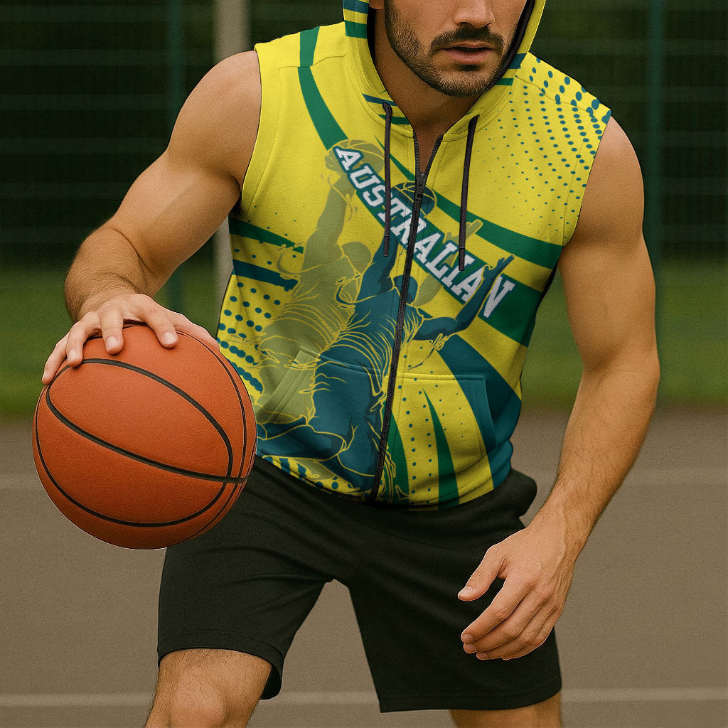 Australian Boomers Basketball Sleeveless Zip Hoodie Abstract Wave Halftone Pattern With Dynamic Athlete Silhouette