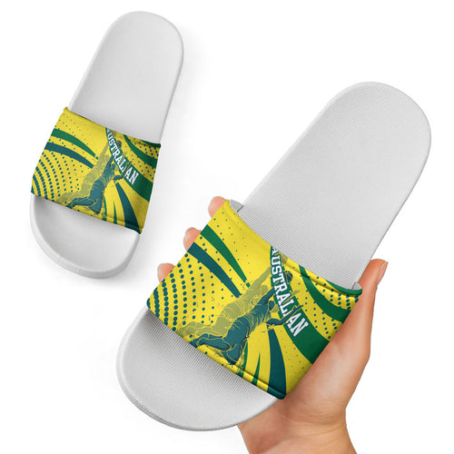 Australian Boomers Basketball Slide Sandals Abstract Wave Halftone Pattern With Dynamic Athlete Silhouette