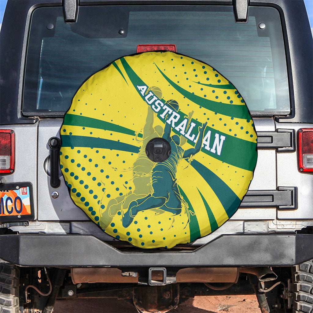 Australian Boomers Basketball Spare Tire Cover Abstract Wave Halftone Pattern With Dynamic Athlete Silhouette