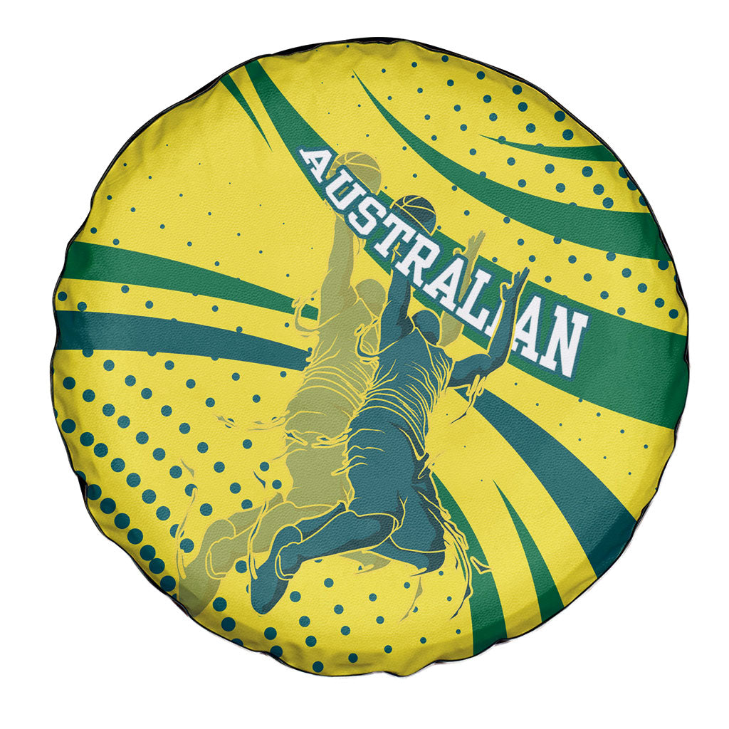 Australian Boomers Basketball Spare Tire Cover Abstract Wave Halftone Pattern With Dynamic Athlete Silhouette