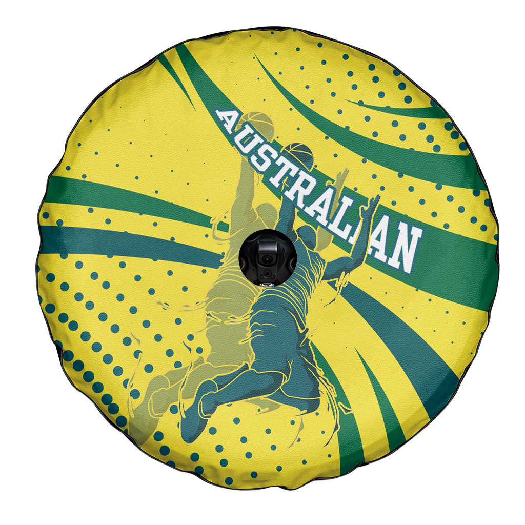 Australian Boomers Basketball Spare Tire Cover Abstract Wave Halftone Pattern With Dynamic Athlete Silhouette