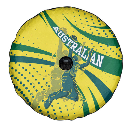 Australian Boomers Basketball Spare Tire Cover Abstract Wave Halftone Pattern With Dynamic Athlete Silhouette
