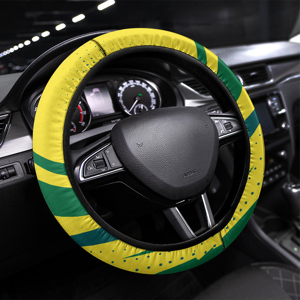 Australian Boomers Basketball Steering Wheel Cover Abstract Wave Halftone Pattern With Dynamic Athlete Silhouette