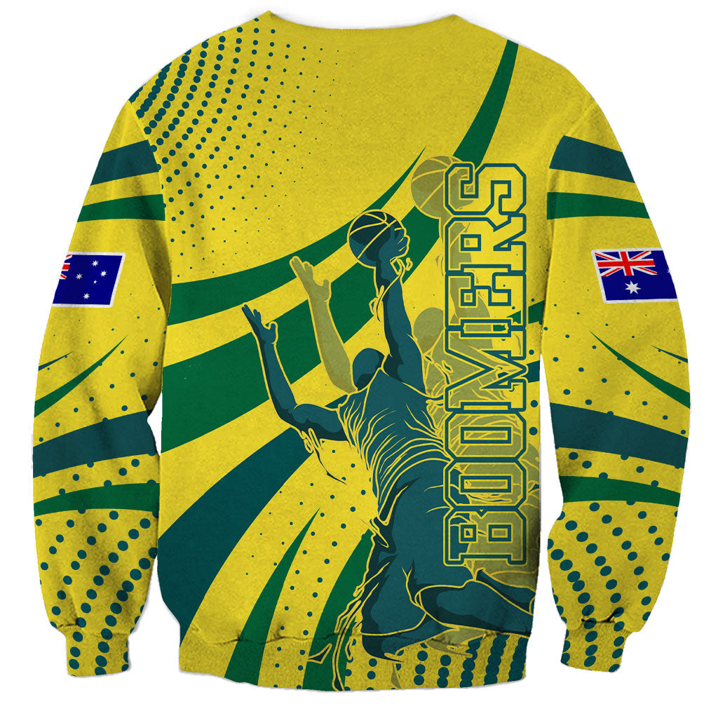 Australian Boomers Basketball Sweatshirt Abstract Wave Halftone Pattern With Dynamic Athlete Silhouette