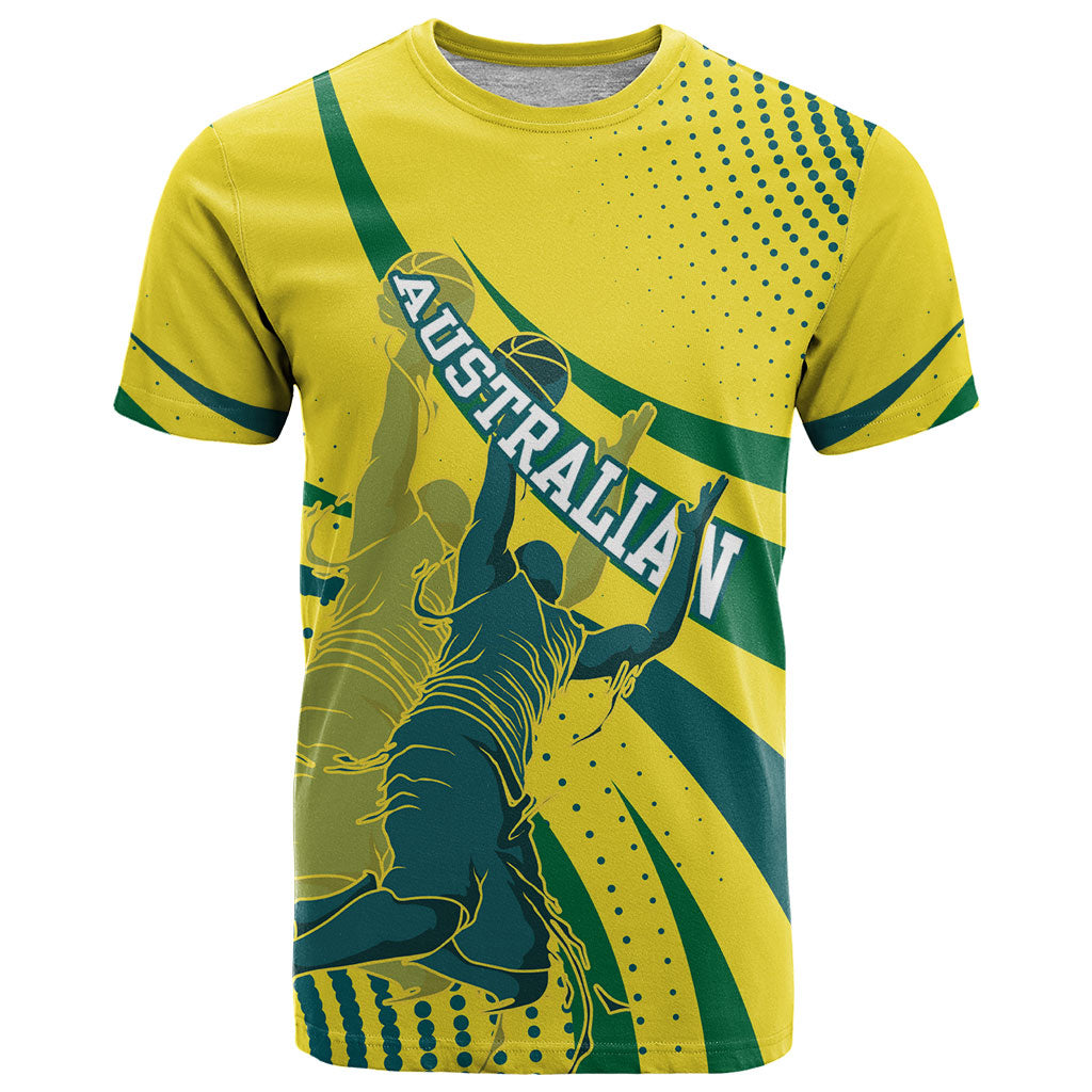 Australian Boomers Basketball T Shirt Abstract Wave Halftone Pattern With Dynamic Athlete Silhouette