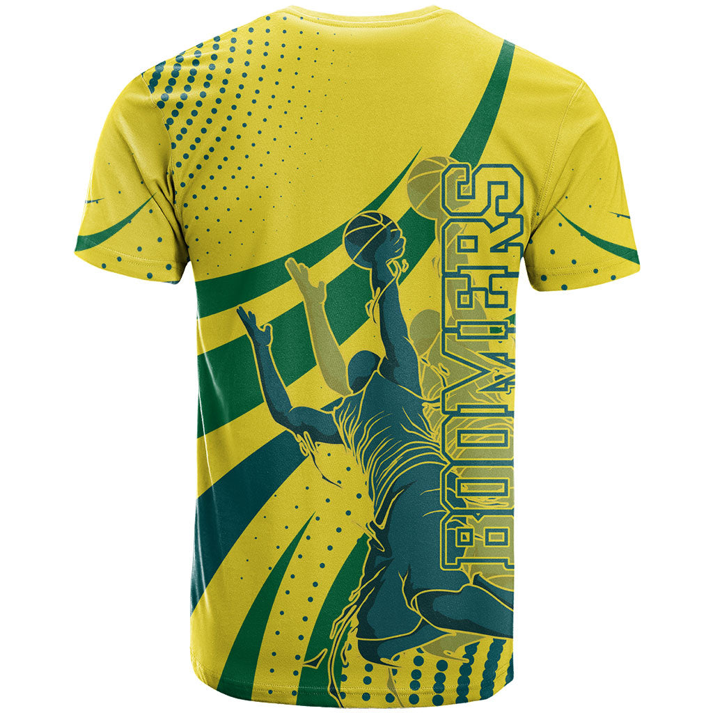Australian Boomers Basketball T Shirt Abstract Wave Halftone Pattern With Dynamic Athlete Silhouette