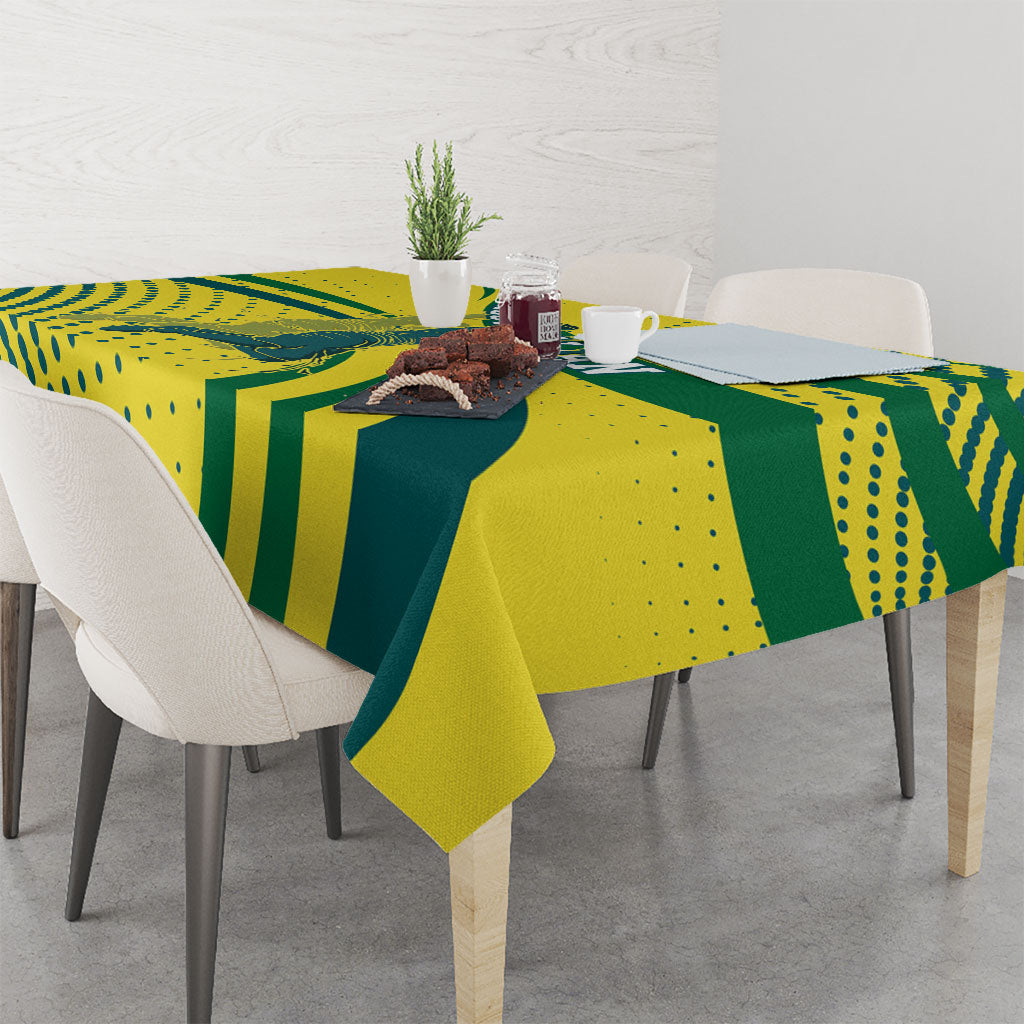 Australian Boomers Basketball Tablecloth Abstract Wave Halftone Pattern With Dynamic Athlete Silhouette