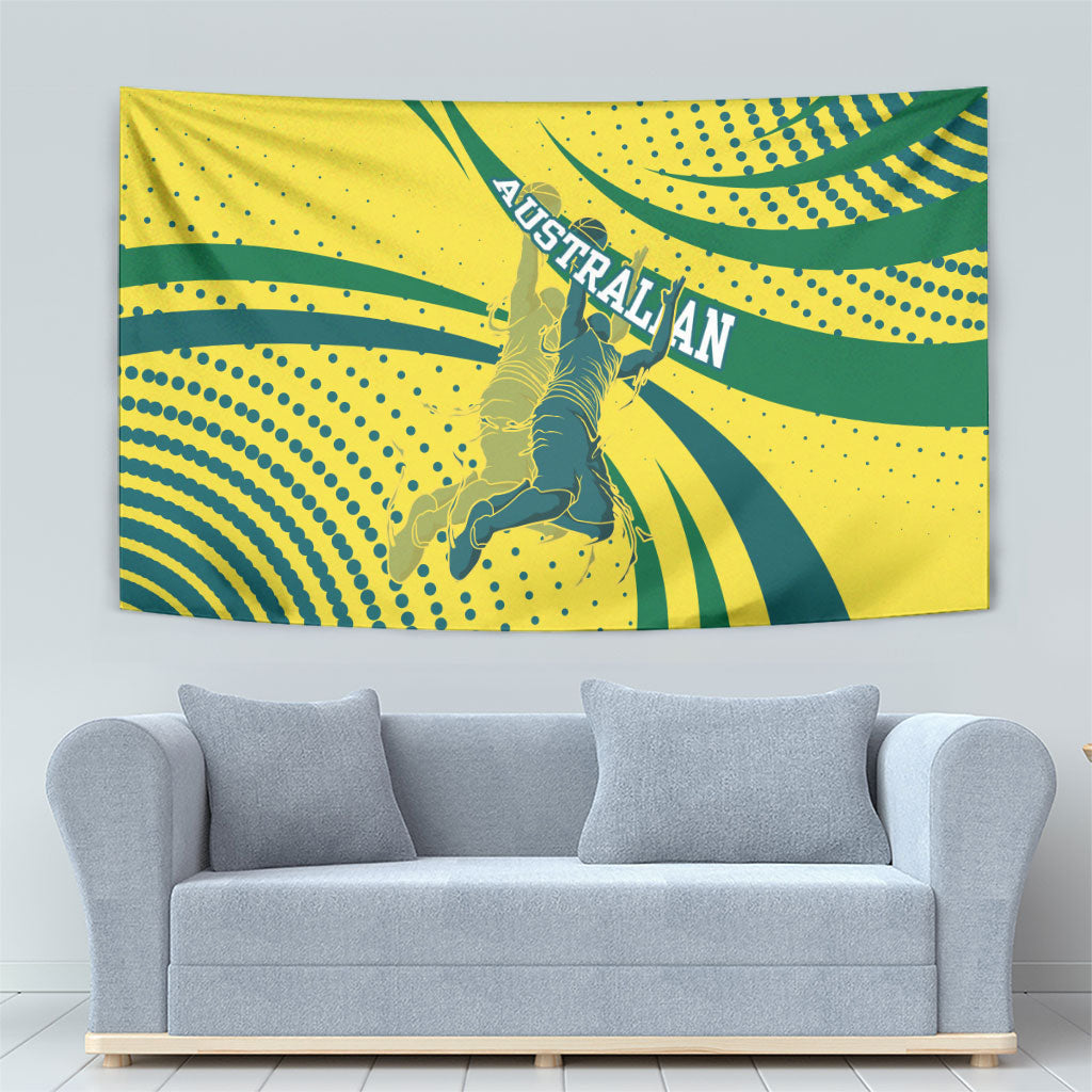 Australian Boomers Basketball Tapestry Abstract Wave Halftone Pattern With Dynamic Athlete Silhouette
