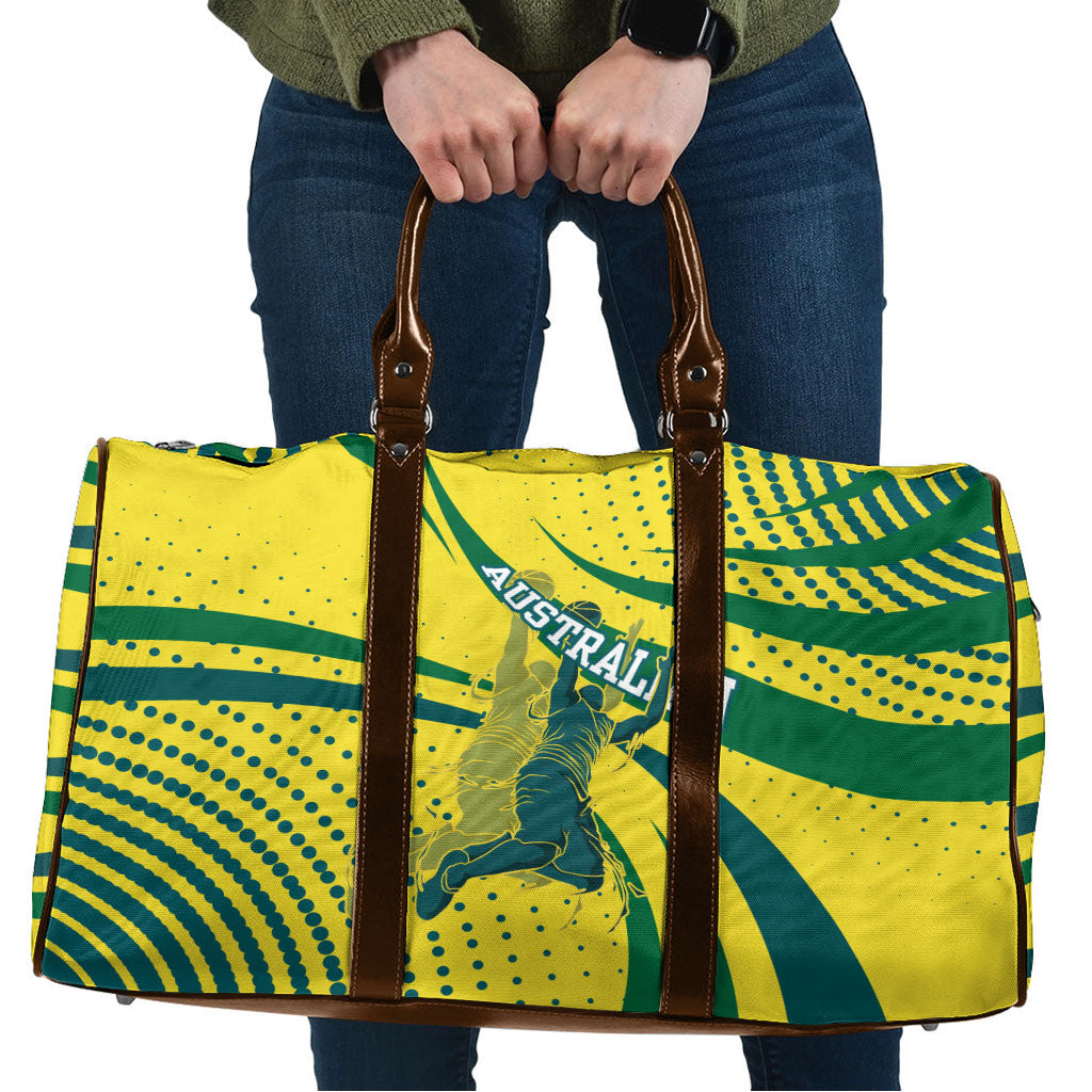 Australian Boomers Basketball Travel Bag Abstract Wave Halftone Pattern With Dynamic Athlete Silhouette