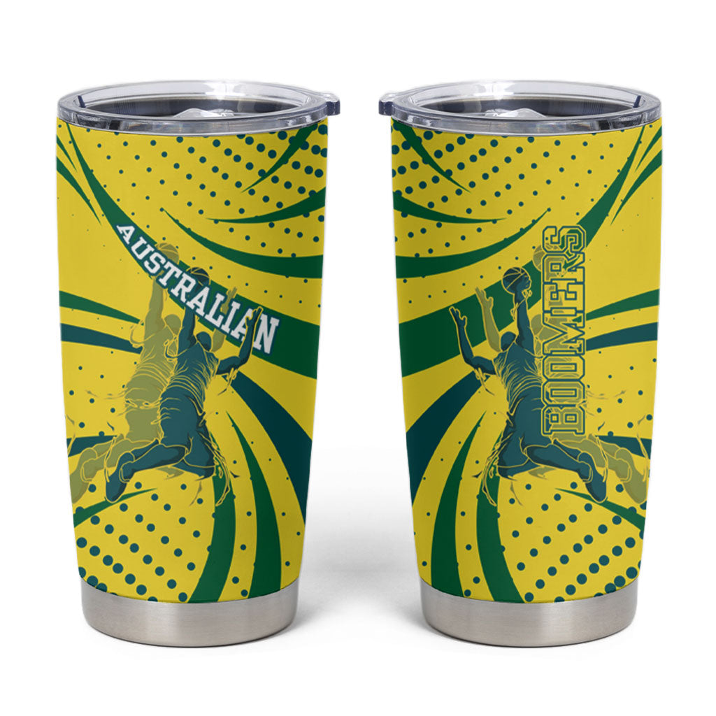 Australian Boomers Basketball Tumbler Cup Abstract Wave Halftone Pattern With Dynamic Athlete Silhouette