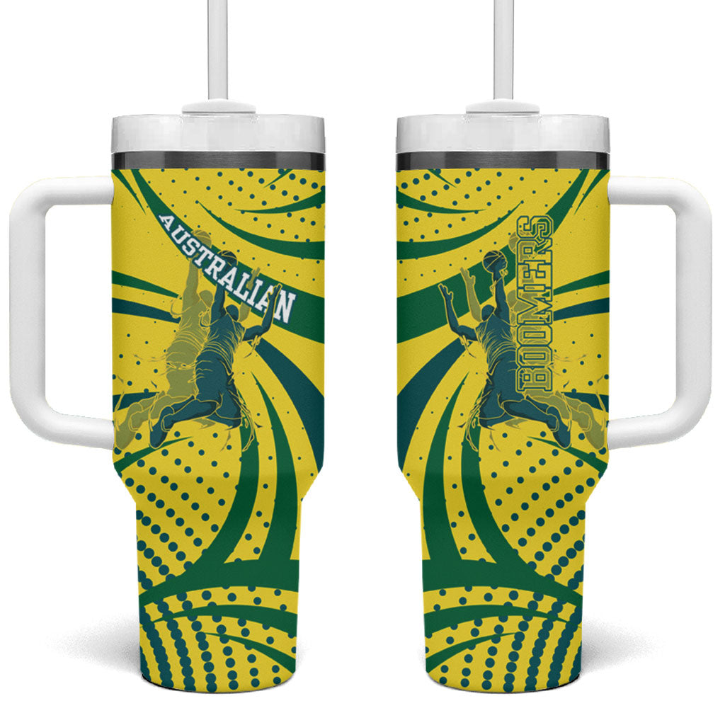 Australian Boomers Basketball Tumbler With Handle Abstract Wave Halftone Pattern With Dynamic Athlete Silhouette