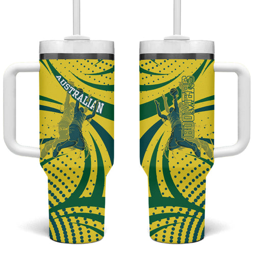 Australian Boomers Basketball Tumbler With Handle Abstract Wave Halftone Pattern With Dynamic Athlete Silhouette