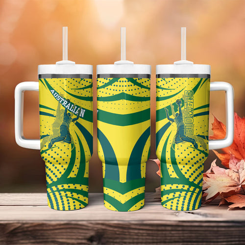 Australian Boomers Basketball Tumbler With Handle Abstract Wave Halftone Pattern With Dynamic Athlete Silhouette