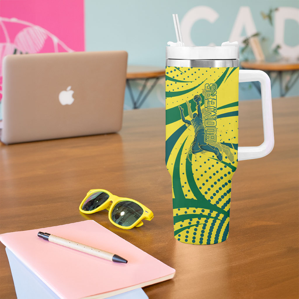 Australian Boomers Basketball Tumbler With Handle Abstract Wave Halftone Pattern With Dynamic Athlete Silhouette