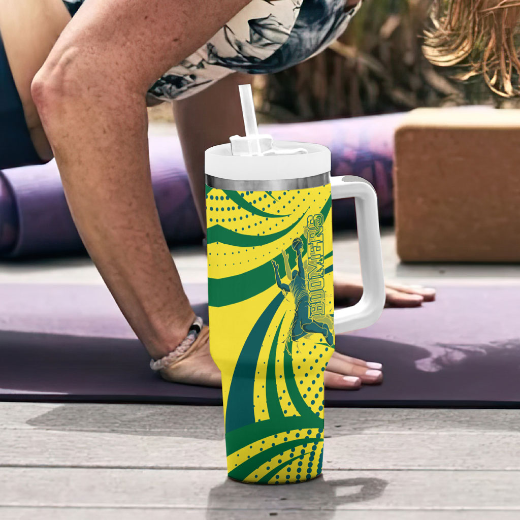 Australian Boomers Basketball Tumbler With Handle Abstract Wave Halftone Pattern With Dynamic Athlete Silhouette