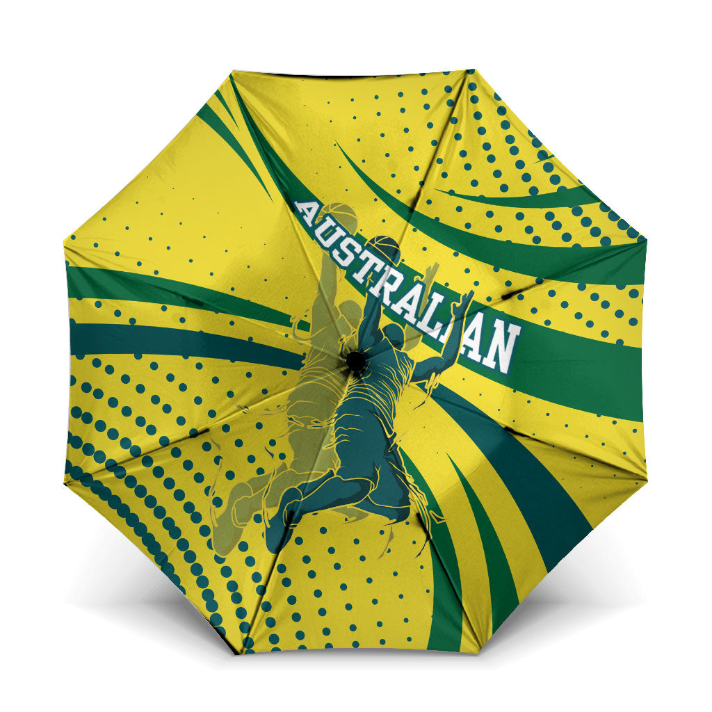 Australian Boomers Basketball Umbrella Abstract Wave Halftone Pattern With Dynamic Athlete Silhouette
