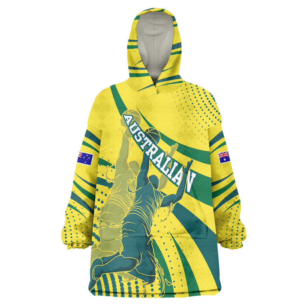 Australian Boomers Basketball Wearable Blanket Hoodie Abstract Wave Halftone Pattern With Dynamic Athlete Silhouette