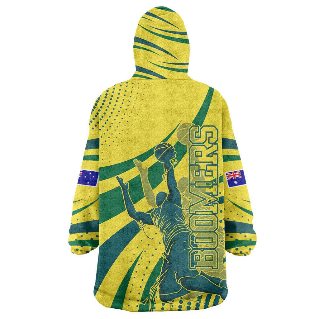 Australian Boomers Basketball Wearable Blanket Hoodie Abstract Wave Halftone Pattern With Dynamic Athlete Silhouette