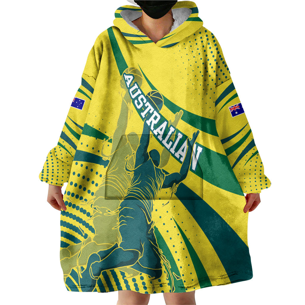Australian Boomers Basketball Wearable Blanket Hoodie Abstract Wave Halftone Pattern With Dynamic Athlete Silhouette