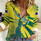 Australian Boomers Basketball Women Casual Shirt Abstract Wave Halftone Pattern With Dynamic Athlete Silhouette