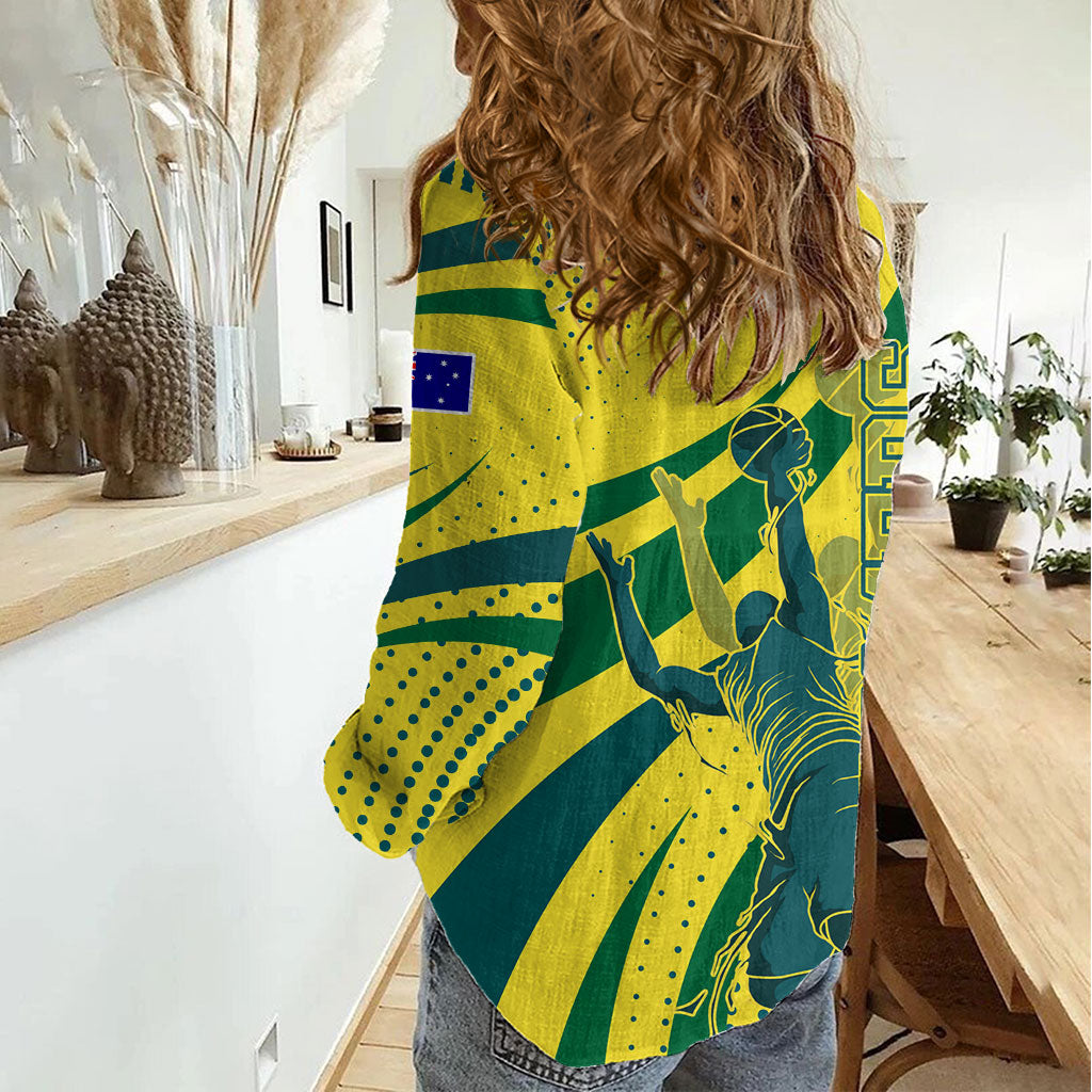 Australian Boomers Basketball Women Casual Shirt Abstract Wave Halftone Pattern With Dynamic Athlete Silhouette