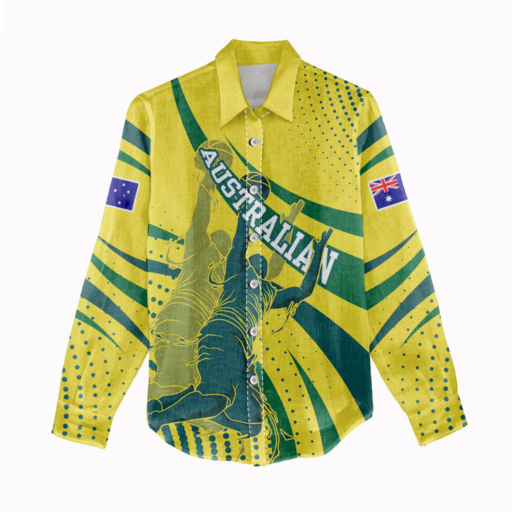 Australian Boomers Basketball Women Casual Shirt Abstract Wave Halftone Pattern With Dynamic Athlete Silhouette