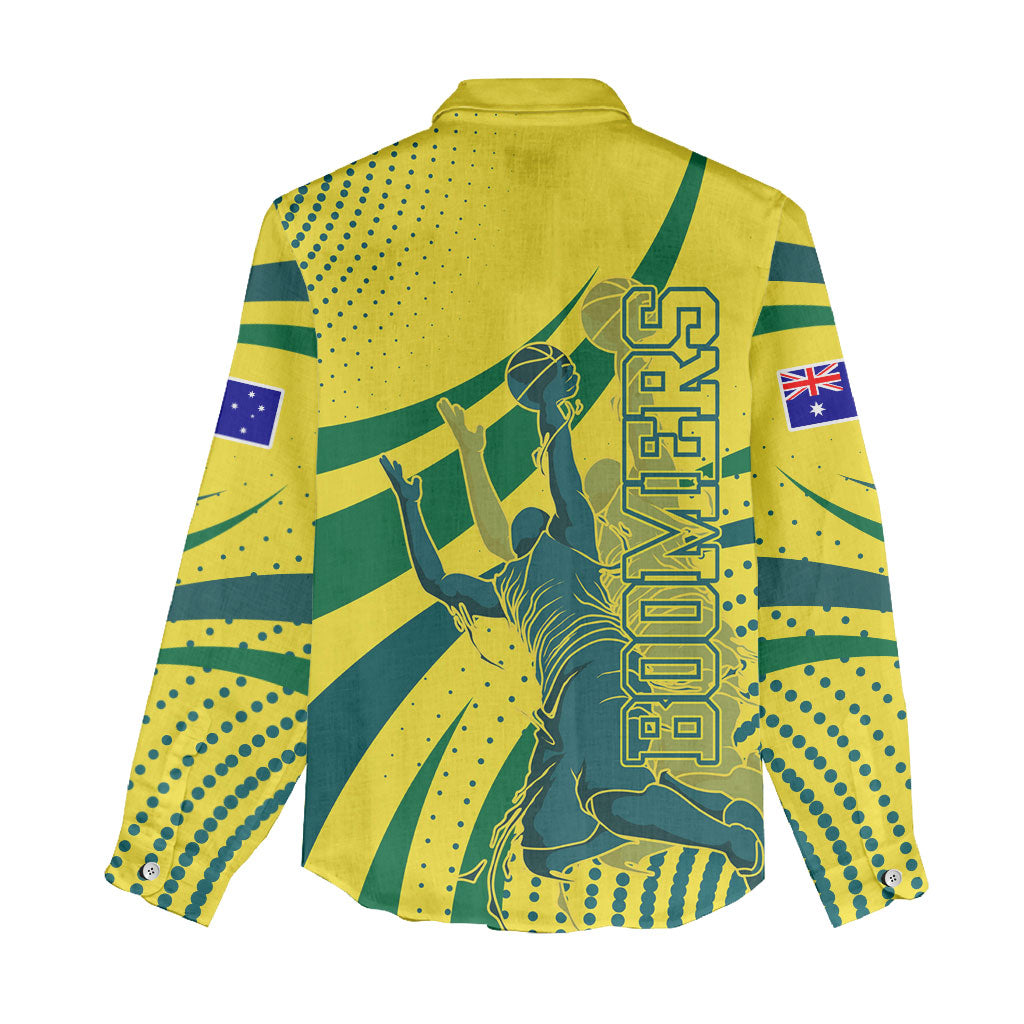 Australian Boomers Basketball Women Casual Shirt Abstract Wave Halftone Pattern With Dynamic Athlete Silhouette