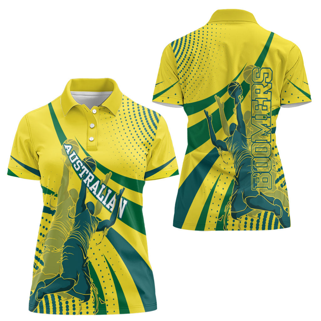 Australian Boomers Basketball Women Polo Shirt Abstract Wave Halftone Pattern With Dynamic Athlete Silhouette