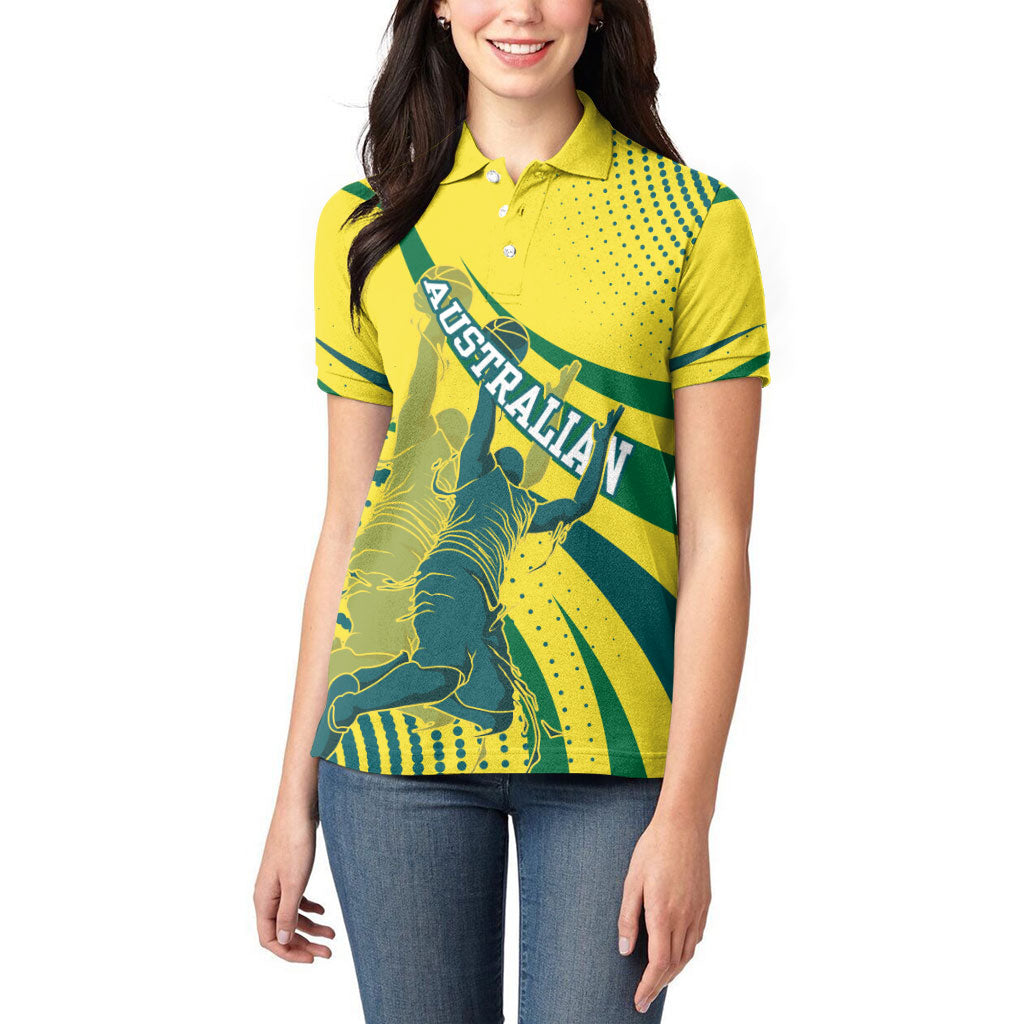 Australian Boomers Basketball Women Polo Shirt Abstract Wave Halftone Pattern With Dynamic Athlete Silhouette