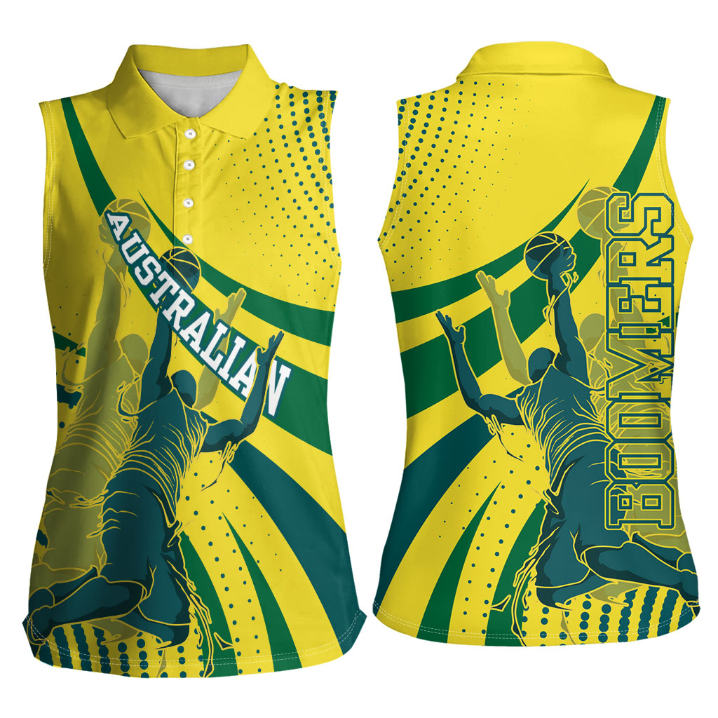 Australian Boomers Basketball Women Sleeveless Polo Shirt Abstract Wave Halftone Pattern With Dynamic Athlete Silhouette