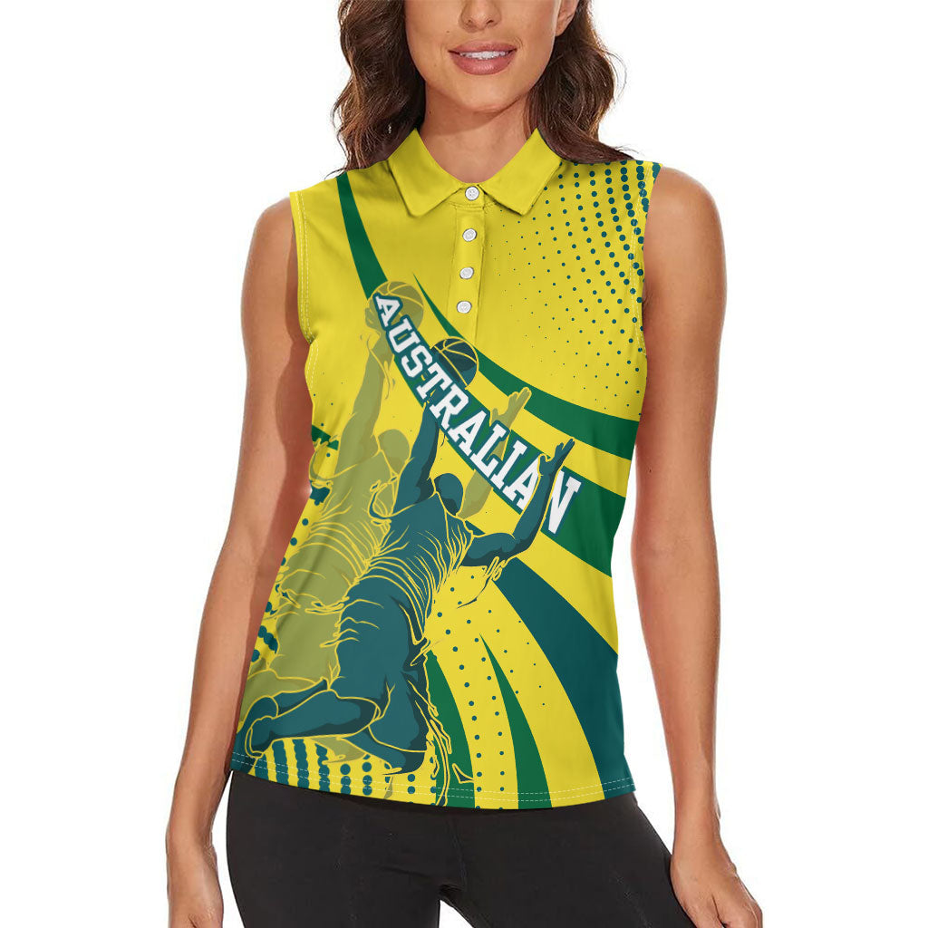 Australian Boomers Basketball Women Sleeveless Polo Shirt Abstract Wave Halftone Pattern With Dynamic Athlete Silhouette