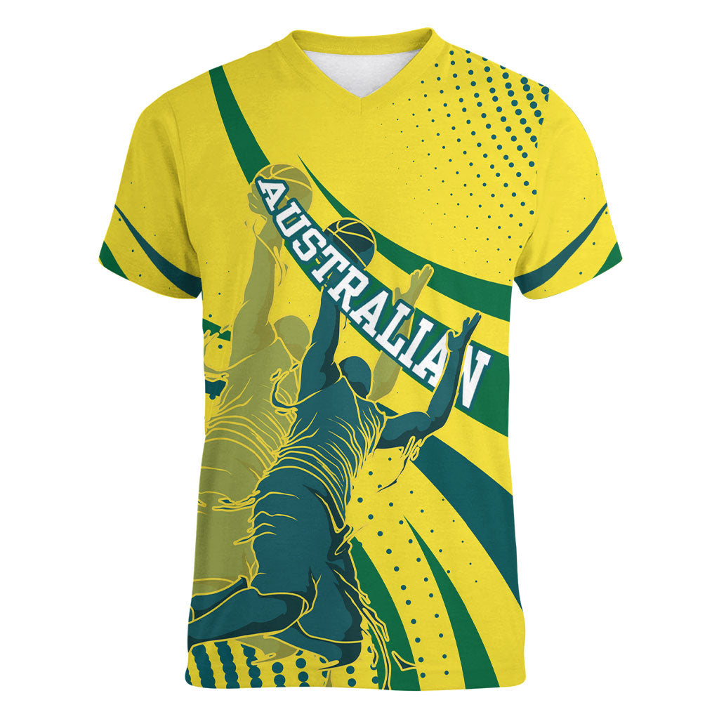 Australian Boomers Basketball Women V-Neck T-Shirt Abstract Wave Halftone Pattern With Dynamic Athlete Silhouette