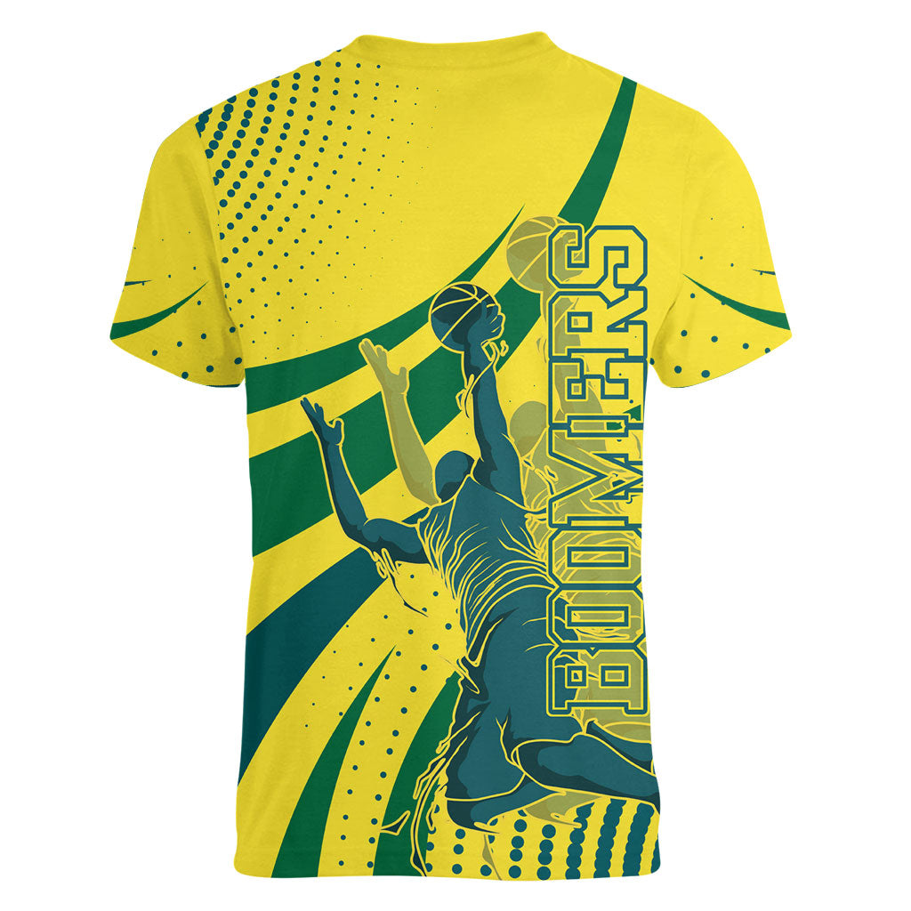 Australian Boomers Basketball Women V-Neck T-Shirt Abstract Wave Halftone Pattern With Dynamic Athlete Silhouette