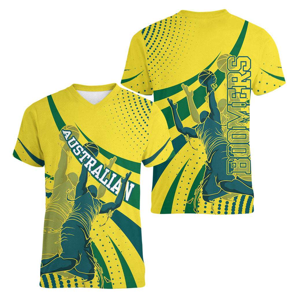 Australian Boomers Basketball Women V-Neck T-Shirt Abstract Wave Halftone Pattern With Dynamic Athlete Silhouette
