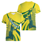 Australian Boomers Basketball Women V-Neck T-Shirt Abstract Wave Halftone Pattern With Dynamic Athlete Silhouette