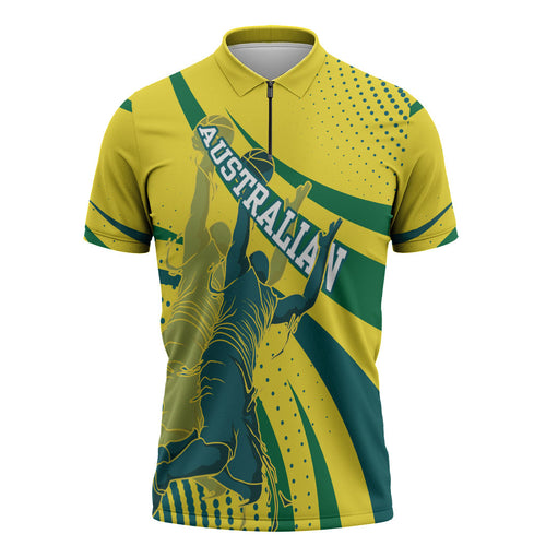Australian Boomers Basketball Zipper Polo Shirt Abstract Wave Halftone Pattern With Dynamic Athlete Silhouette