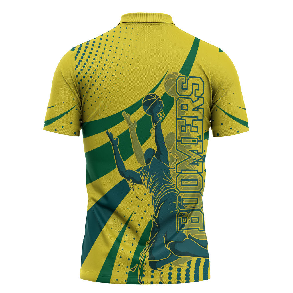 Australian Boomers Basketball Zipper Polo Shirt Abstract Wave Halftone Pattern With Dynamic Athlete Silhouette