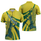 Australian Boomers Basketball Zipper Polo Shirt Abstract Wave Halftone Pattern With Dynamic Athlete Silhouette